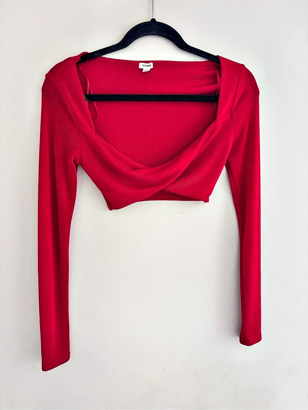 Garage Red Draped Long Sleeve Crop Top